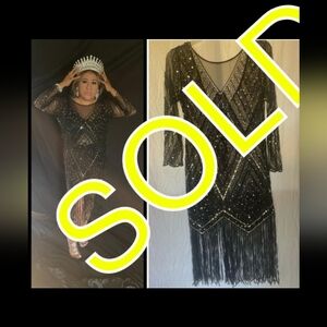 1950s vintage cocktail retro heavily beaded sequin beaded tassels flapper gown